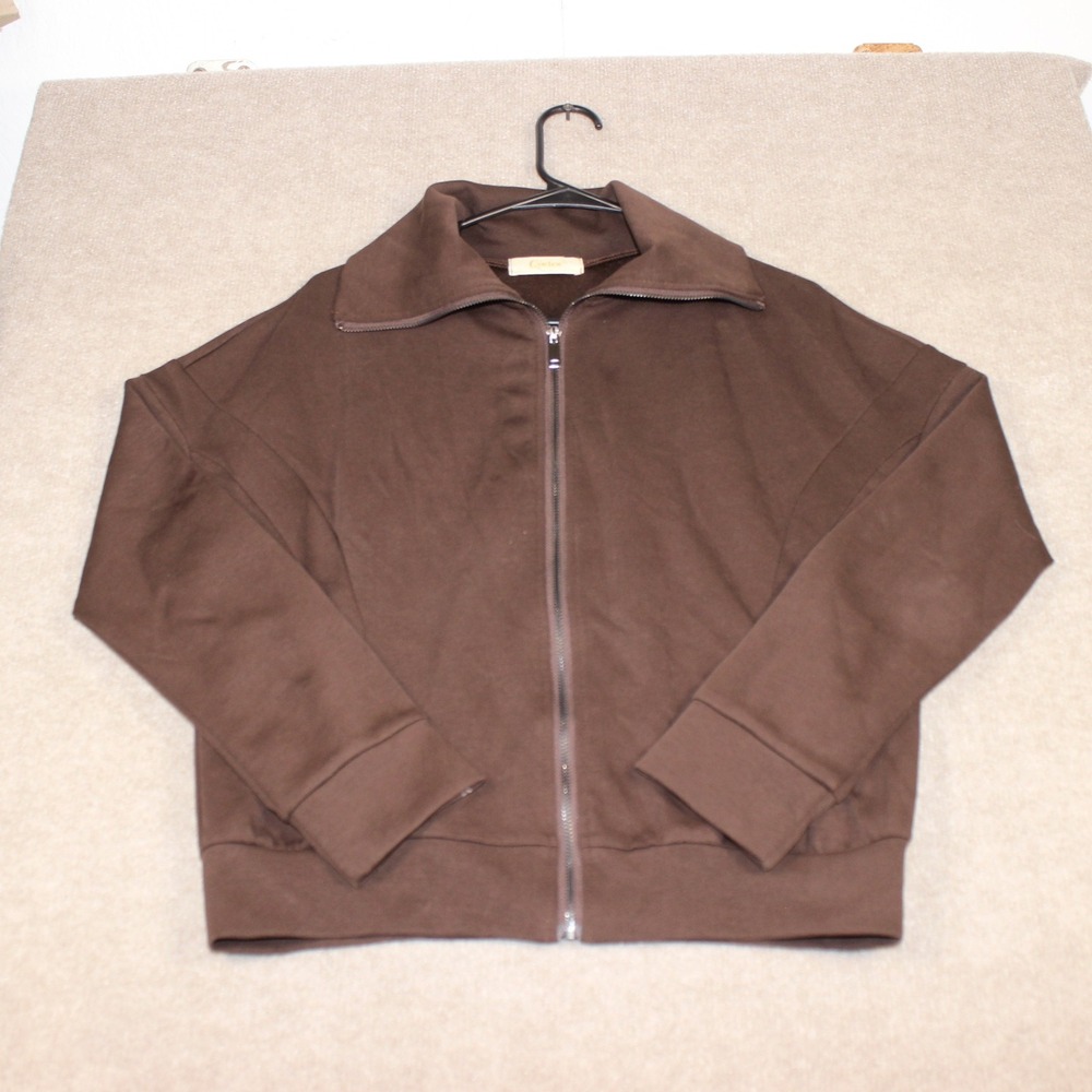 Qinsen Brown Zip Up Jacket Women Medium Collared Long Sleeve Sweatshirt Athletic